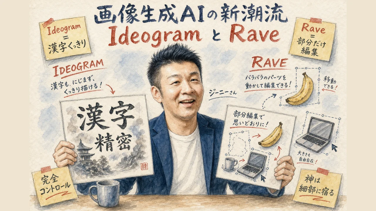 ジーニーさんが解説する画像生成AI Ideogram と Rave。日本語の漢字が化けない精度と、オブジェクト単位の部分編集の図解