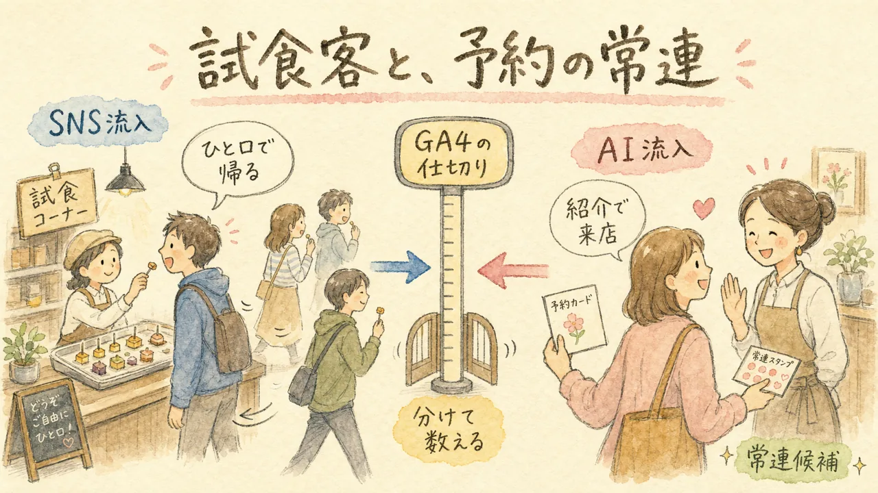 試食コーナーのSNS流入と、紹介で予約して来た常連のAI流入を、GA4の仕切りで分けて数える図解