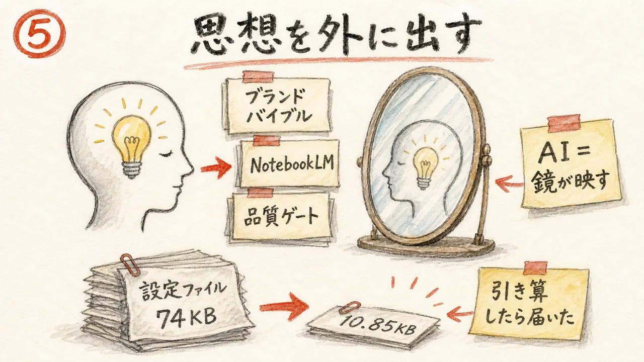 思想を外部記憶に出しAIが参照する仕組みと引き算の図解