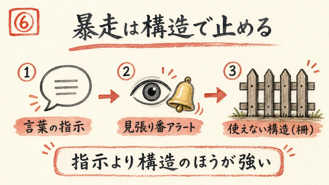 言葉の指示・見張り番・使えない構造の3段ガードの図解
