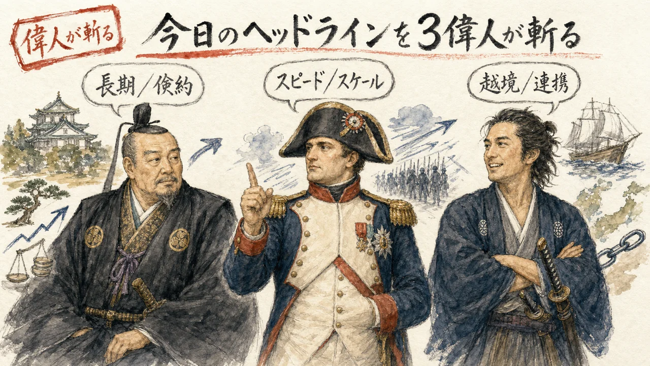 徳川家康・ナポレオン・坂本龍馬が今日のAIヘッドラインを論じる図解