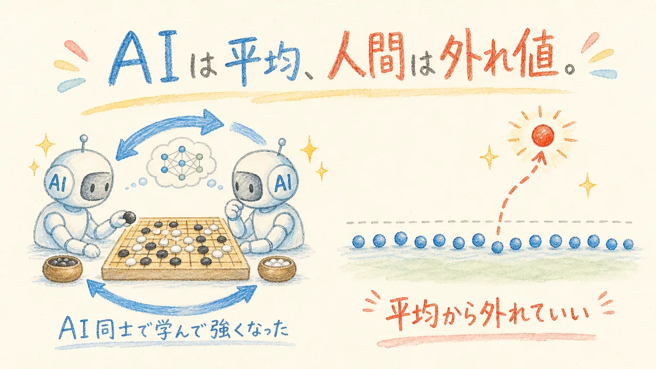 AIは平均・人間は外れ値（AlphaGo自己対局）のグラレコ