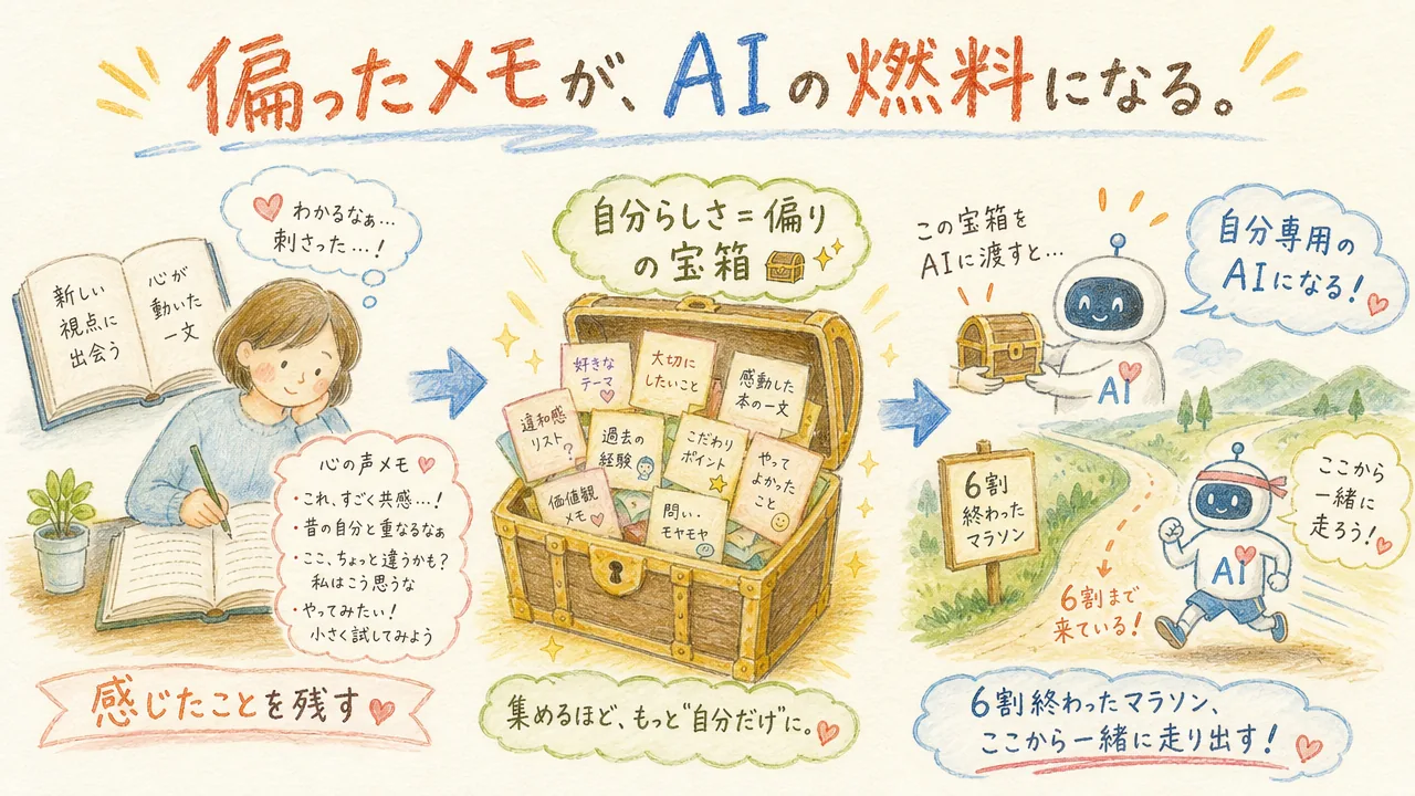 偏ったメモがAIの燃料になる：6割終わったマラソンのグラレコ
