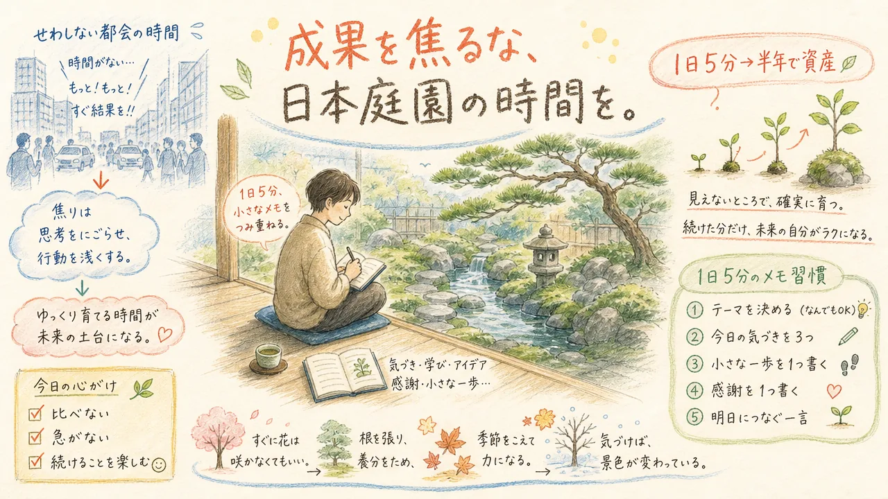 成果を焦るな日本庭園の時間を：1日5分の振り返りグラレコ