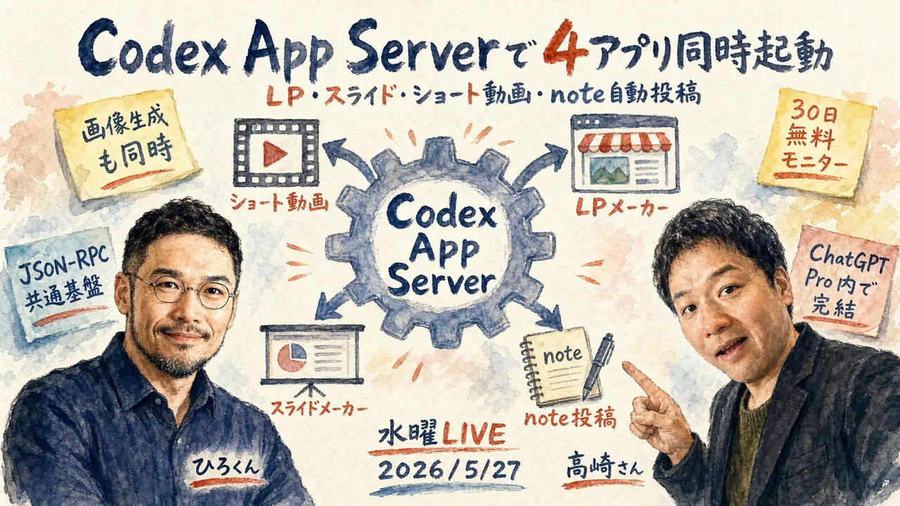 Codex App Server搭載AIアプリ4本を同時起動する構成図（全体グラレコ）