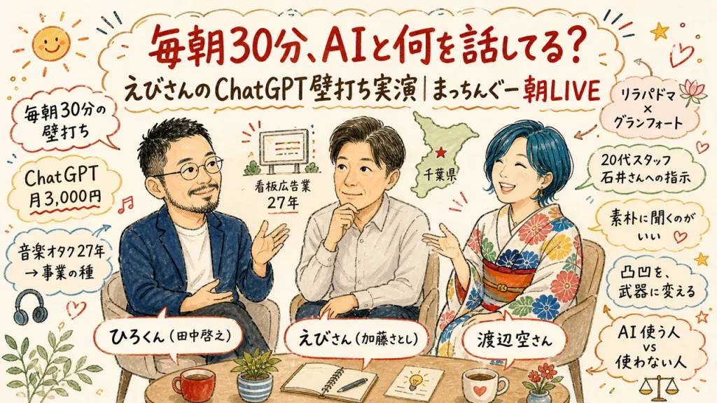 毎朝30分AIと何話す？ えびさんChatGPT実演公開 まっちんぐー朝LIVE 全体図解