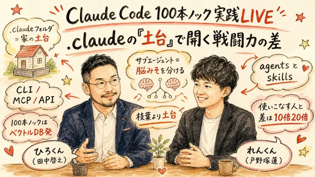 Claude Code 100本ノック実践LIVE 全体図解｜AI経営術LIVE れんくん×ひろくん