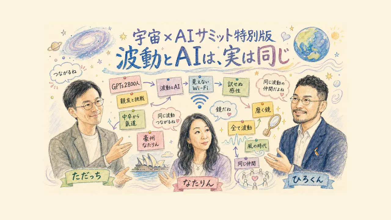 波動とAIは同じ なたりん×ただっち×ひろくんの宇宙×AIサミット全体図解