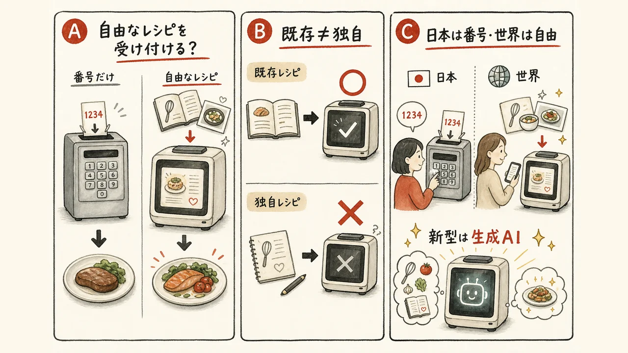 AIから調理家電に独自レシピを送れるかの本質3点の図解