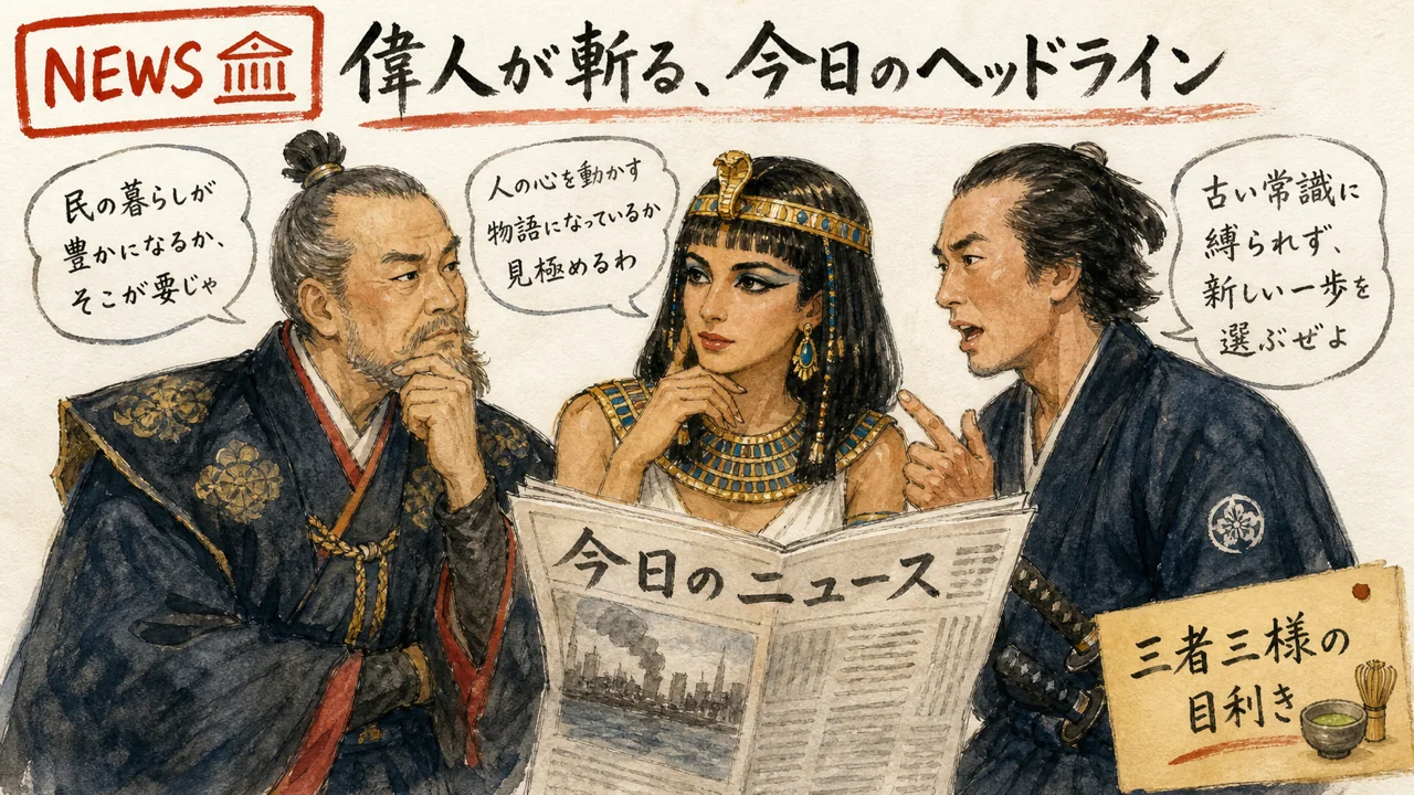 徳川家康・クレオパトラ・坂本龍馬が今日の話題を論じる図解