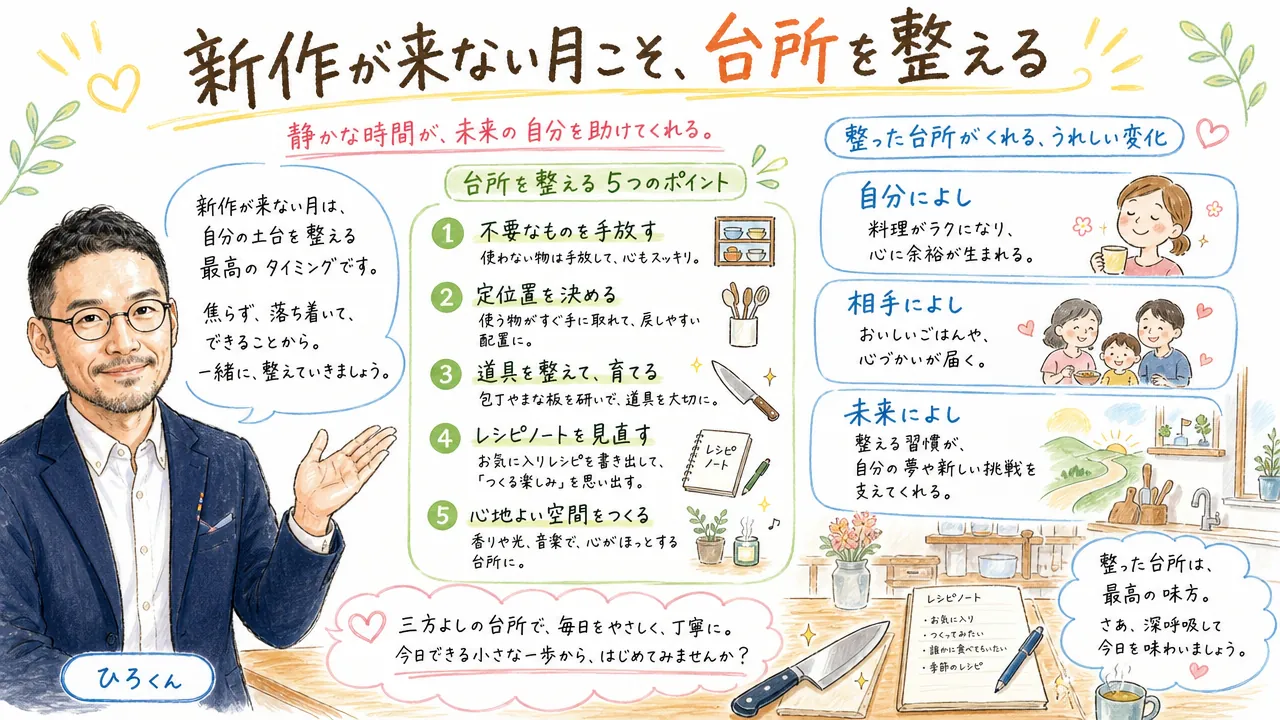 ひろくんが『新作の来ない月こそ足元を整える』と語りかける手描き図解