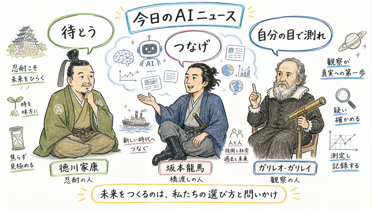 徳川家康・坂本龍馬・ガリレオの3偉人が今日の話題を論じる手描き図解