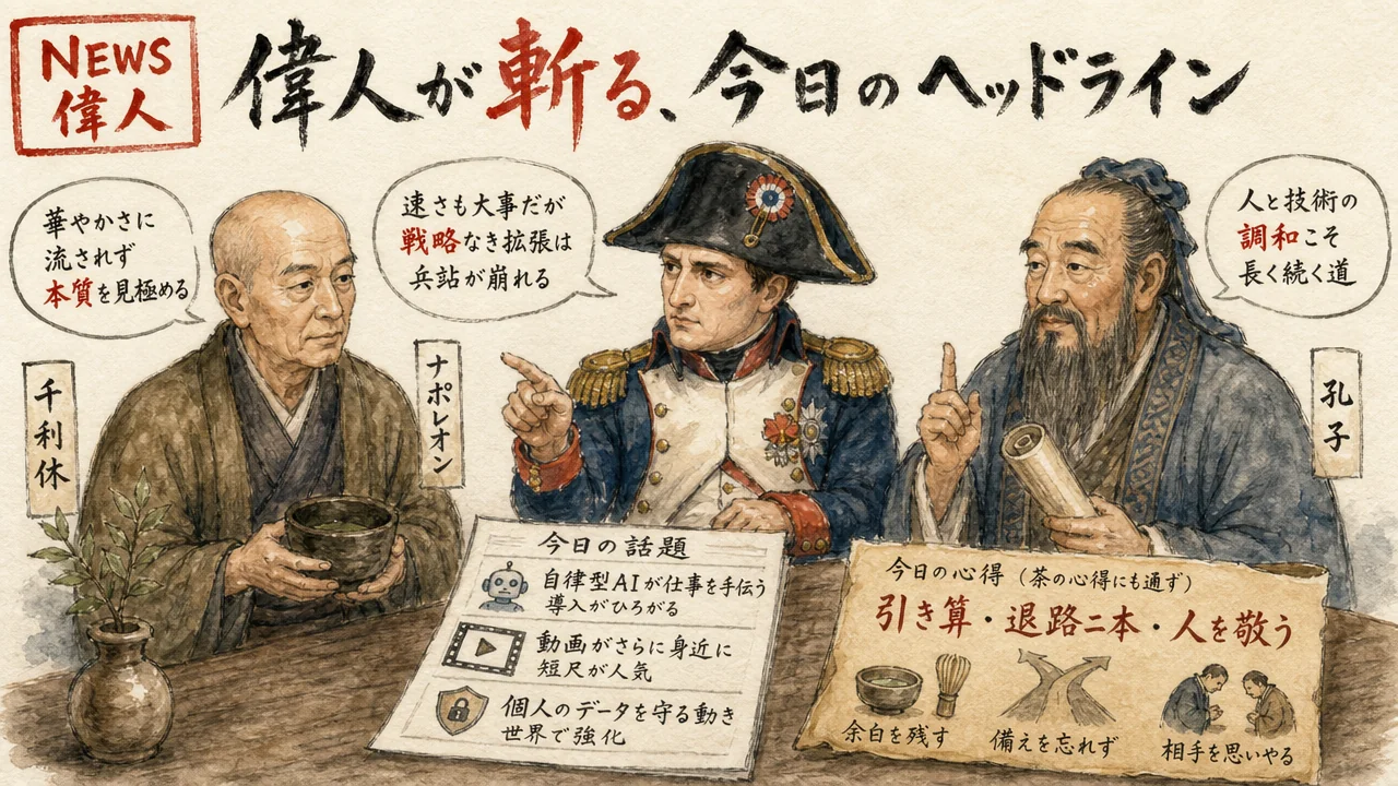 千利休・ナポレオン・孔子の3偉人が今日の話題を論じる手描き図解