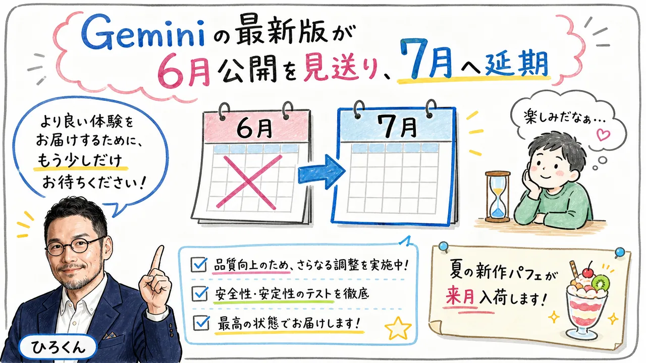 GoogleのGemini 3.5 Proが6月公開を見送り7月へ延期する話題を手描きで図解