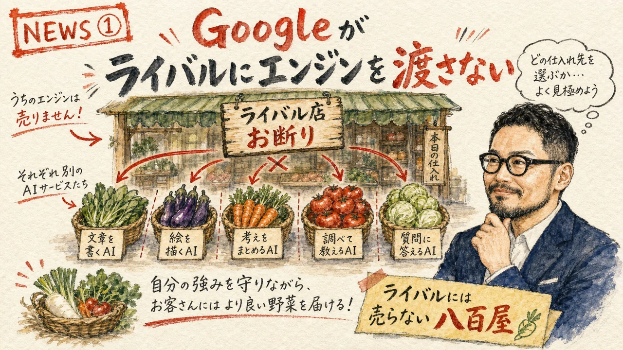GoogleがMetaへのGemini提供を制限するニュースのグラフィックレコーディング図解
