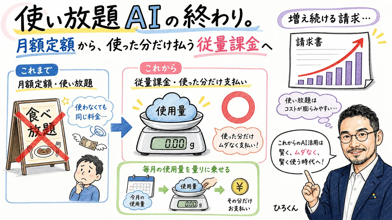 定額制AIが従量課金へ移行しツール代が変わる構造を手描きで図解