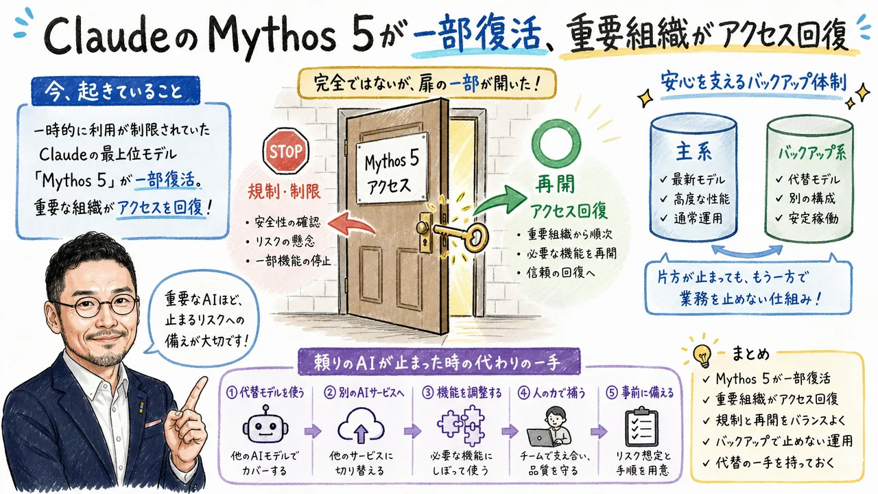 ClaudeのMythos 5が一部復活し重要インフラ組織がアクセス回復した話題を手描きで図解