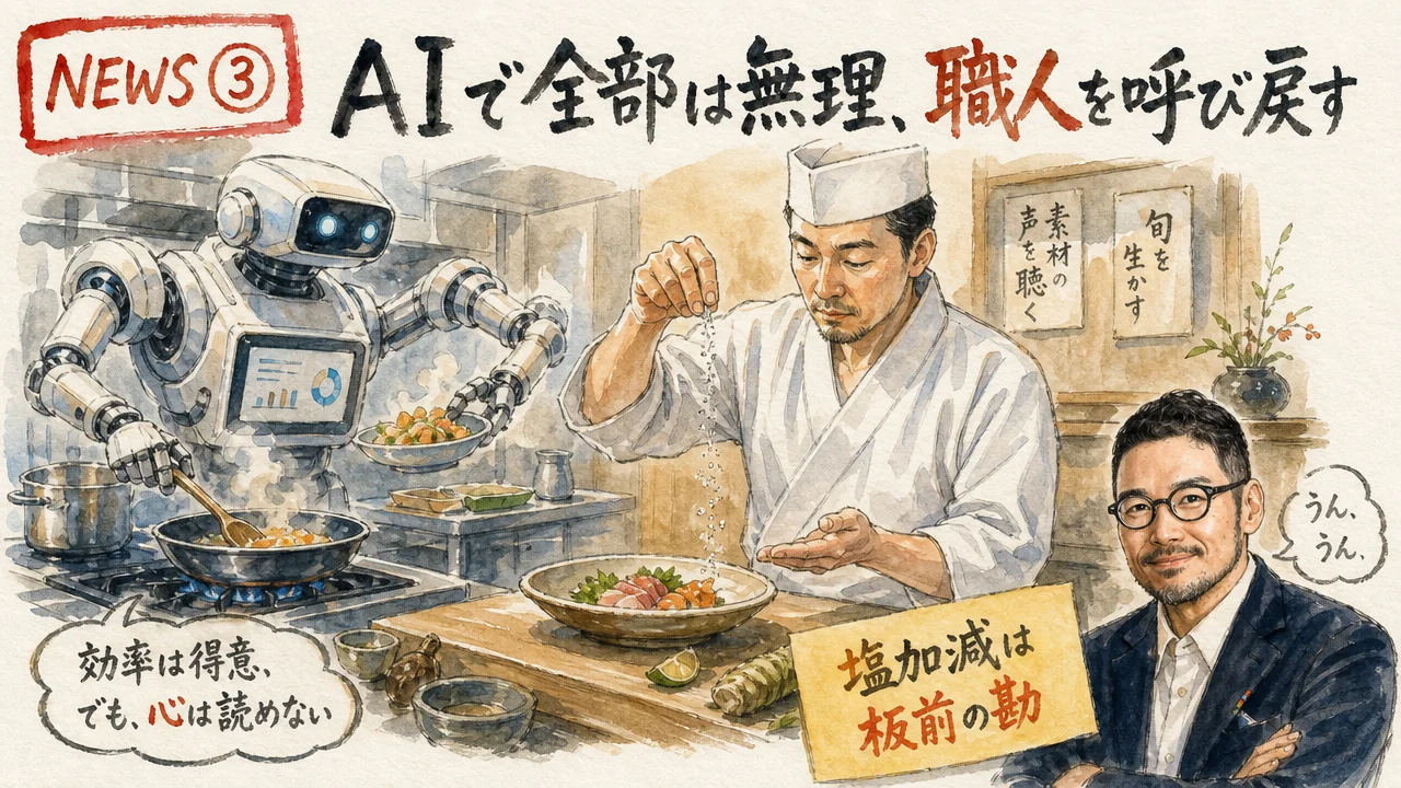 FordがAIで成果が出ず熟練エンジニアを再雇用するニュースのグラフィックレコーディング図解