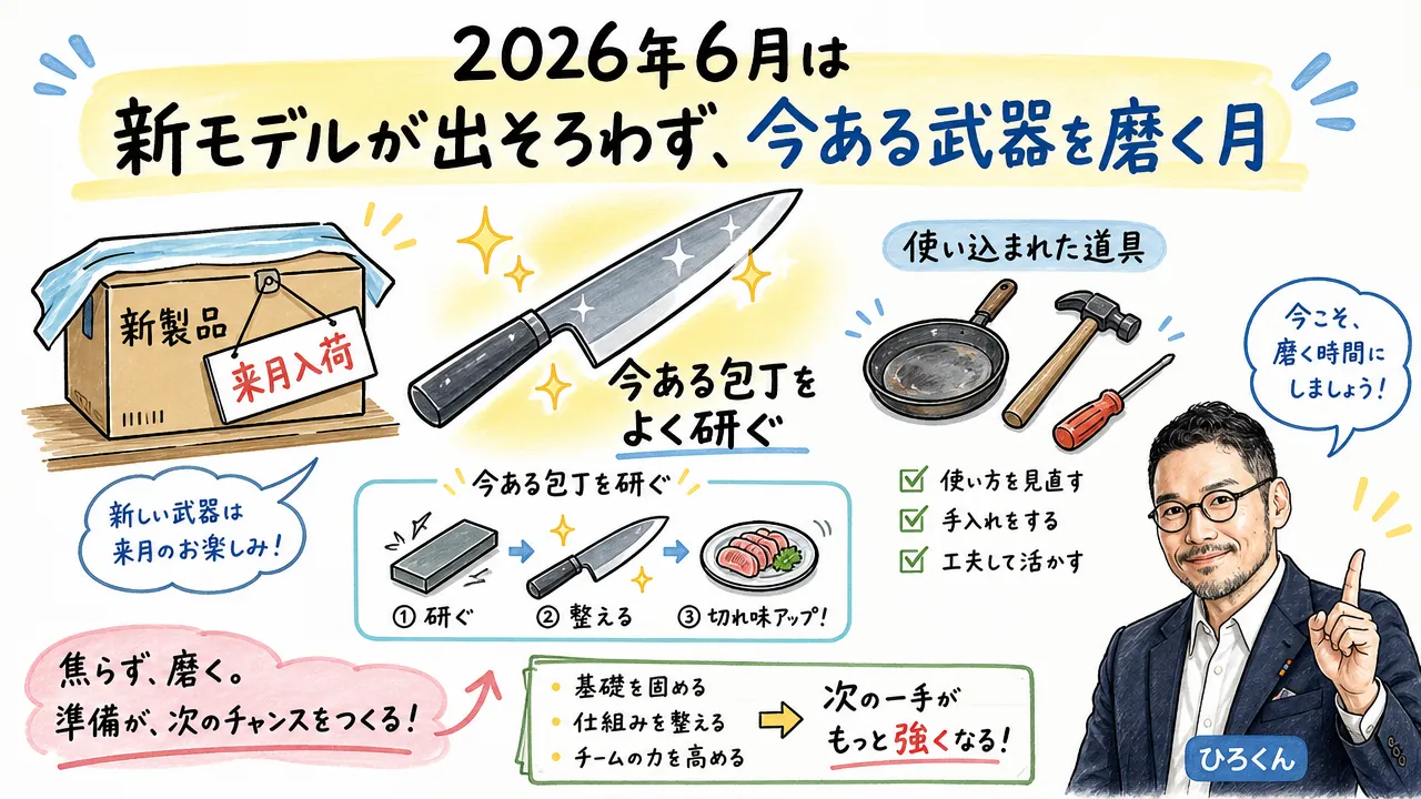 2026年6月は新モデルが出そろわず今あるAIを使いこなす月だったことを手描きで図解