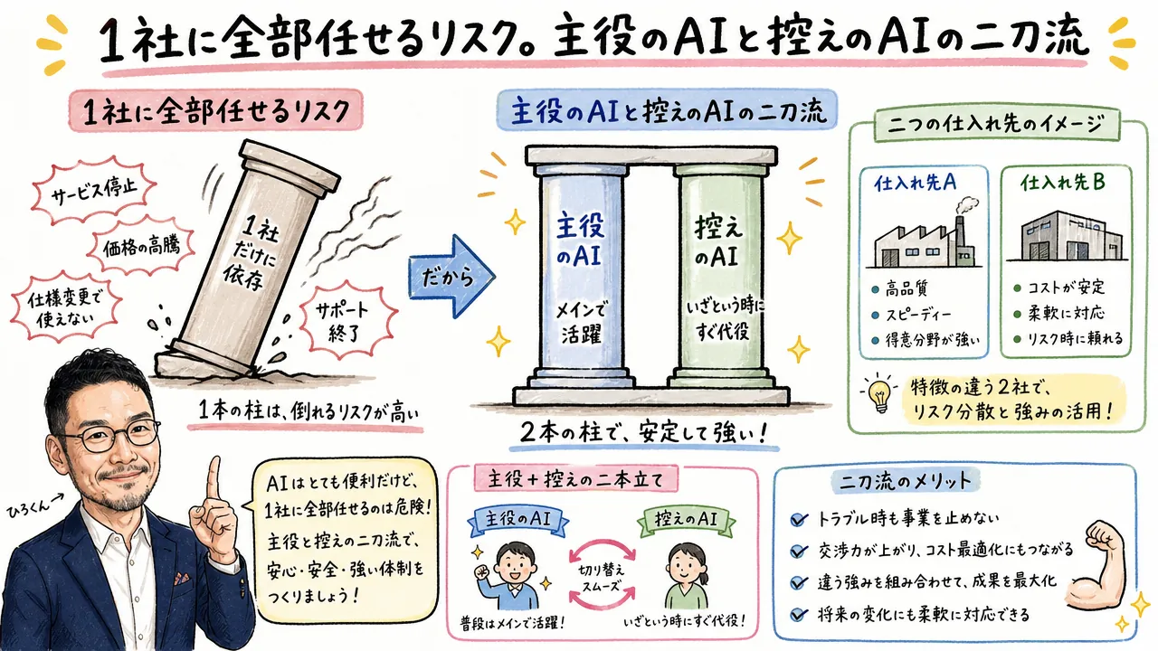 1社のAIに全面依存するリスクと複数AI併用の大切さを手描きで図解