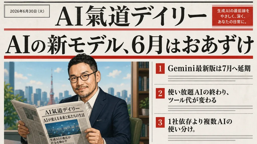 AIの新モデル6月はおあずけを伝える新聞風アイキャッチ