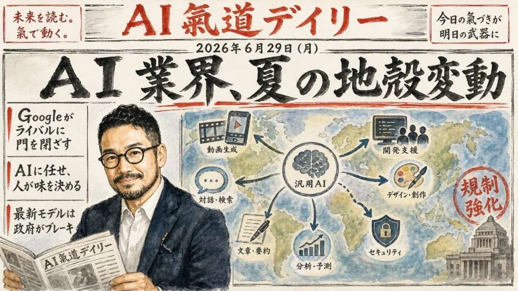 AI業界の夏の地殻変動を伝えるAI氣道デイリー新聞風アイキャッチ