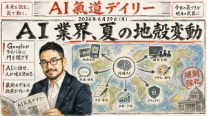 AI業界の夏の地殻変動を伝えるAI氣道デイリー新聞風アイキャッチ