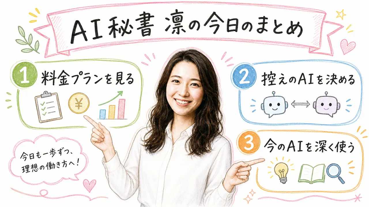 AI秘書の凛が今日の話題を3行でまとめる手描き図解