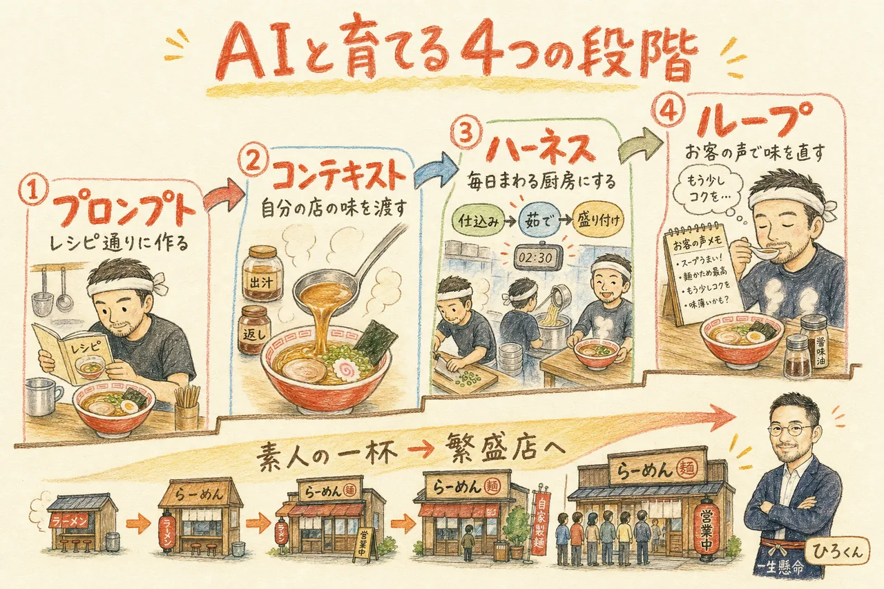 原液を増やす4段階をラーメン屋で例えたグラレコ：レシピ通り→自分の店の味→毎日まわる厨房→お客の声で直す