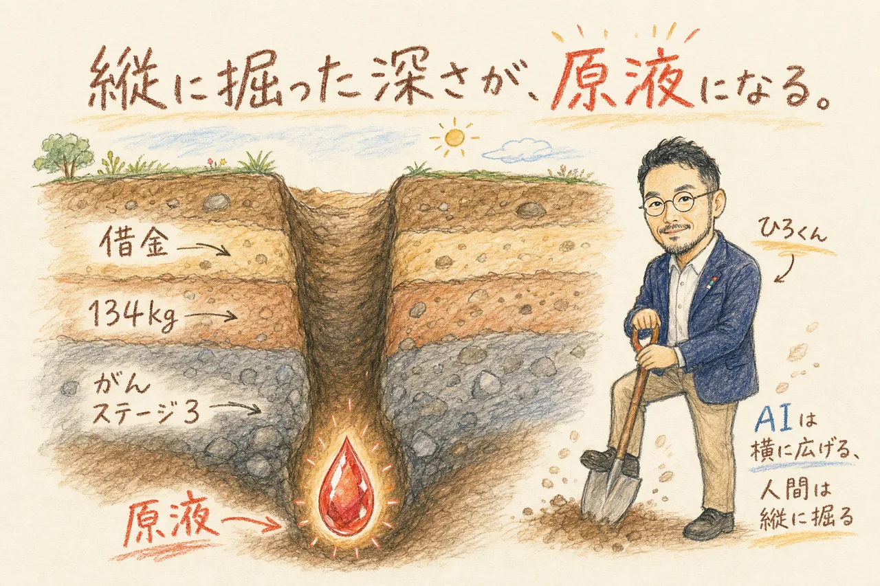 縦に掘った深さが原液になる（借金・134kg・がんの地層と原液）の図解