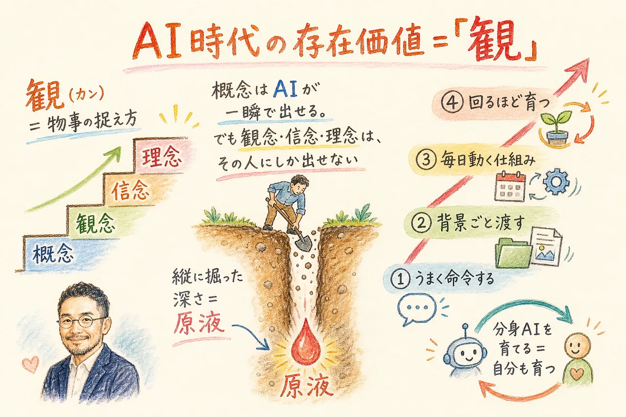 AI時代の存在価値＝観と原液、4段階の全体像グラレコ