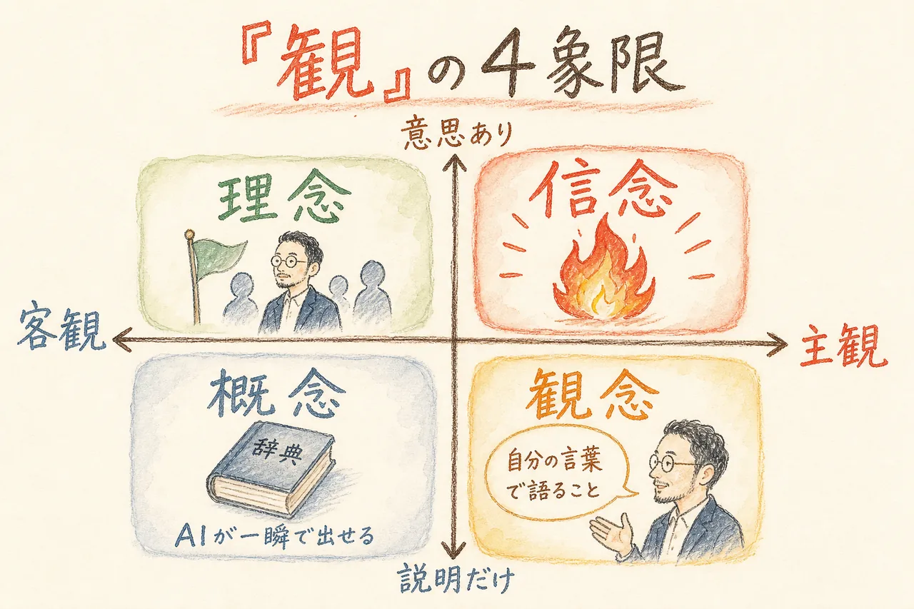 観の4象限（概念・観念・信念・理念）の図解