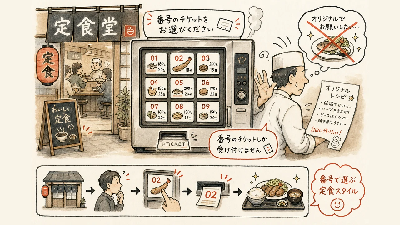 ヘルシオは券売機の定食屋というメタファー図解