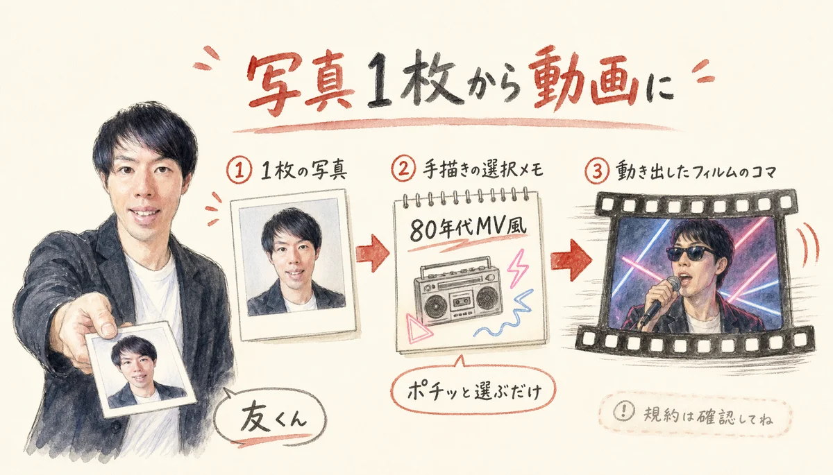 図解：写真1枚からテンプレートを選ぶだけで動画ができる流れ