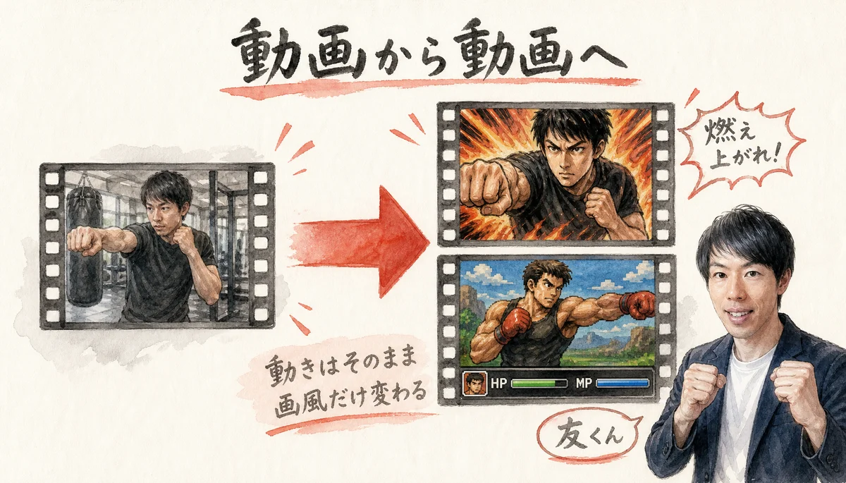 図解：実写動画が昭和アニメ風・ゲーム風に変換されるイメージ