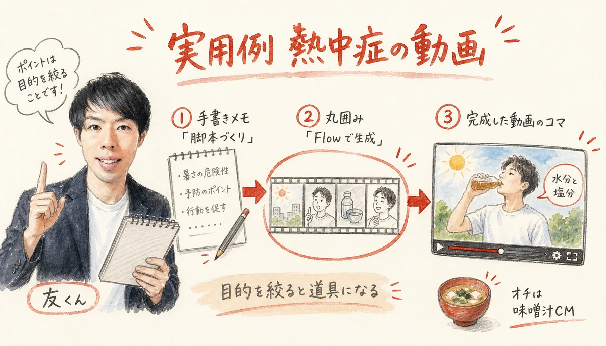 図解：脚本づくりからFlow生成まで、熱中症注意喚起動画の作り方