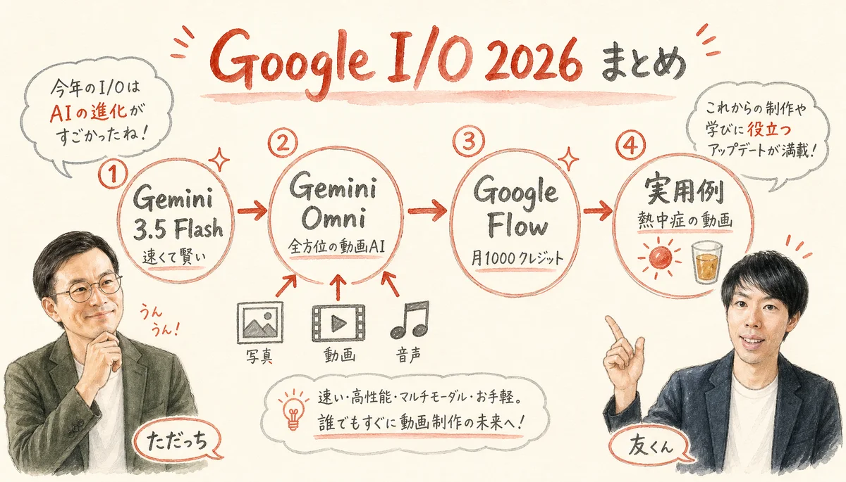 Google I/O 2026まとめ全体図解：Gemini 3.5 Flash・Gemini Omni・Google Flow・実用例の流れ