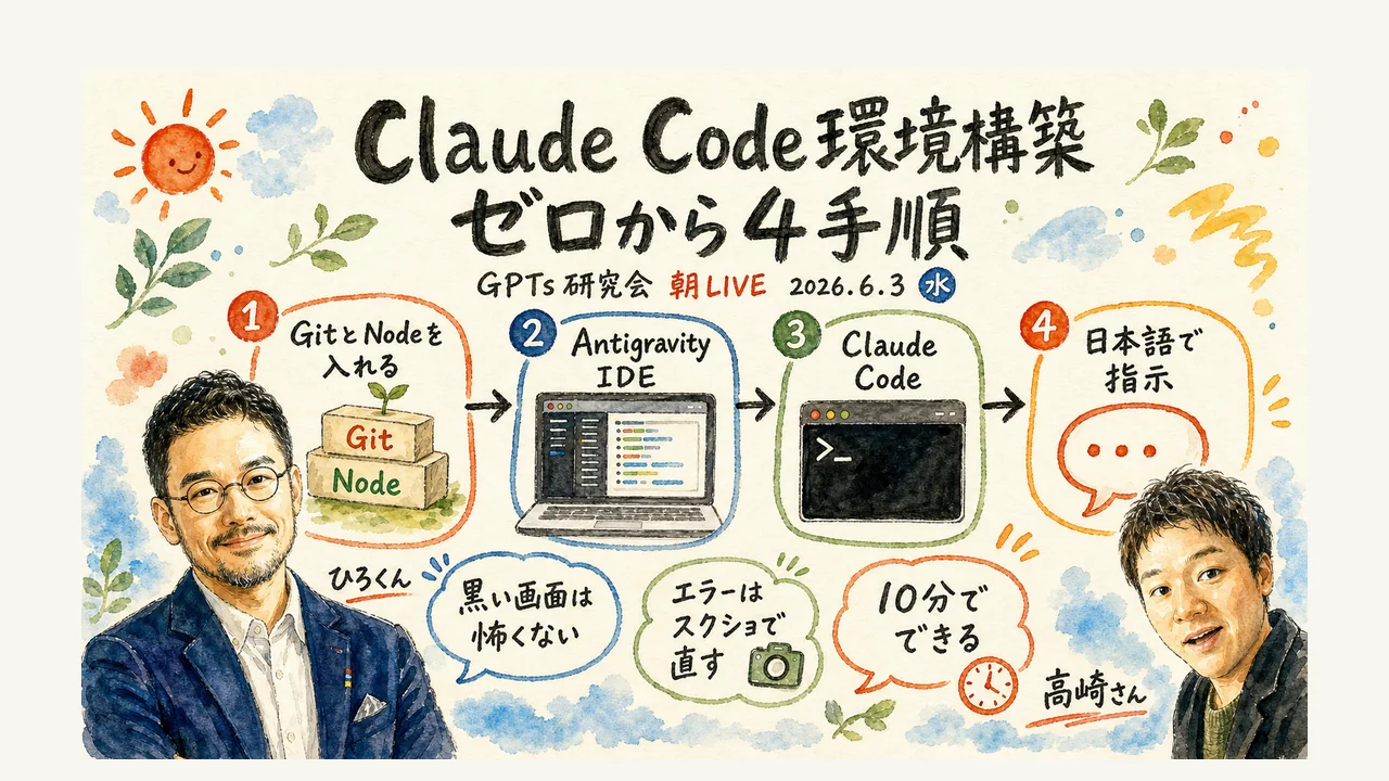 Claude Code環境構築をゼロ解説する朝LIVEのグラフィックレコーディング