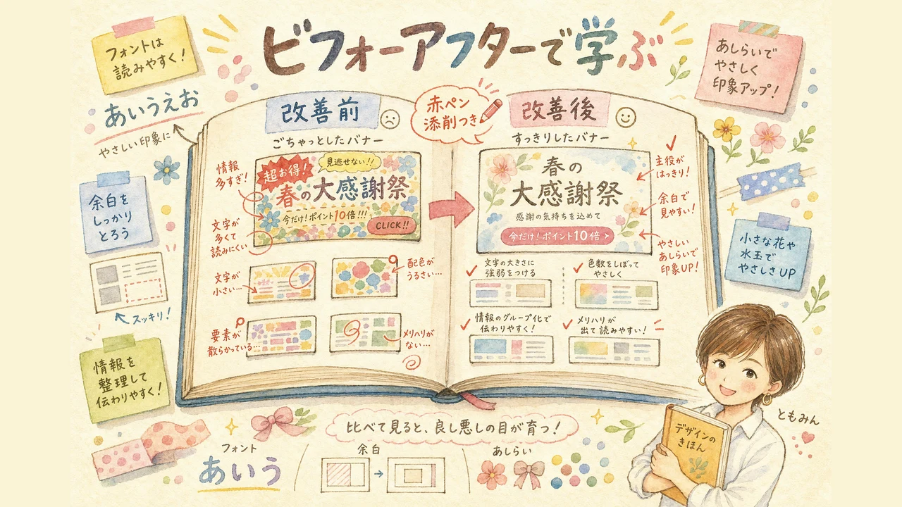 ビフォーアフター型のデザイン本を紹介する図解