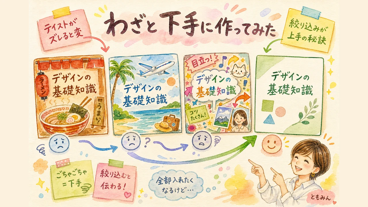 ラーメン屋風・旅行会社風など下手なデザイン実演の図解