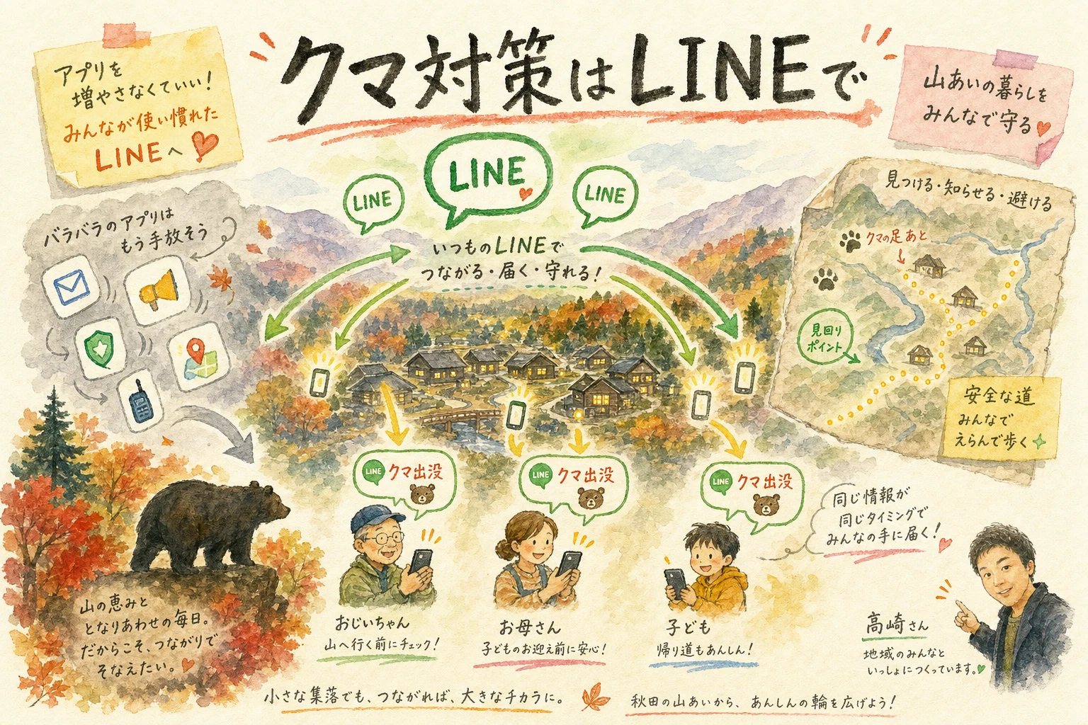 クマ対策をLINE公式アカウントで実現する発想を語る高崎さんとひろくんのグラフィックレコーディング