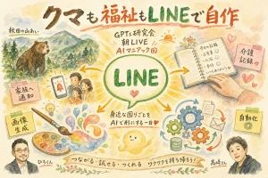 クマ対策・福祉・LINE・画像生成の4テーマを描いた全体図グラフィックレコーディング