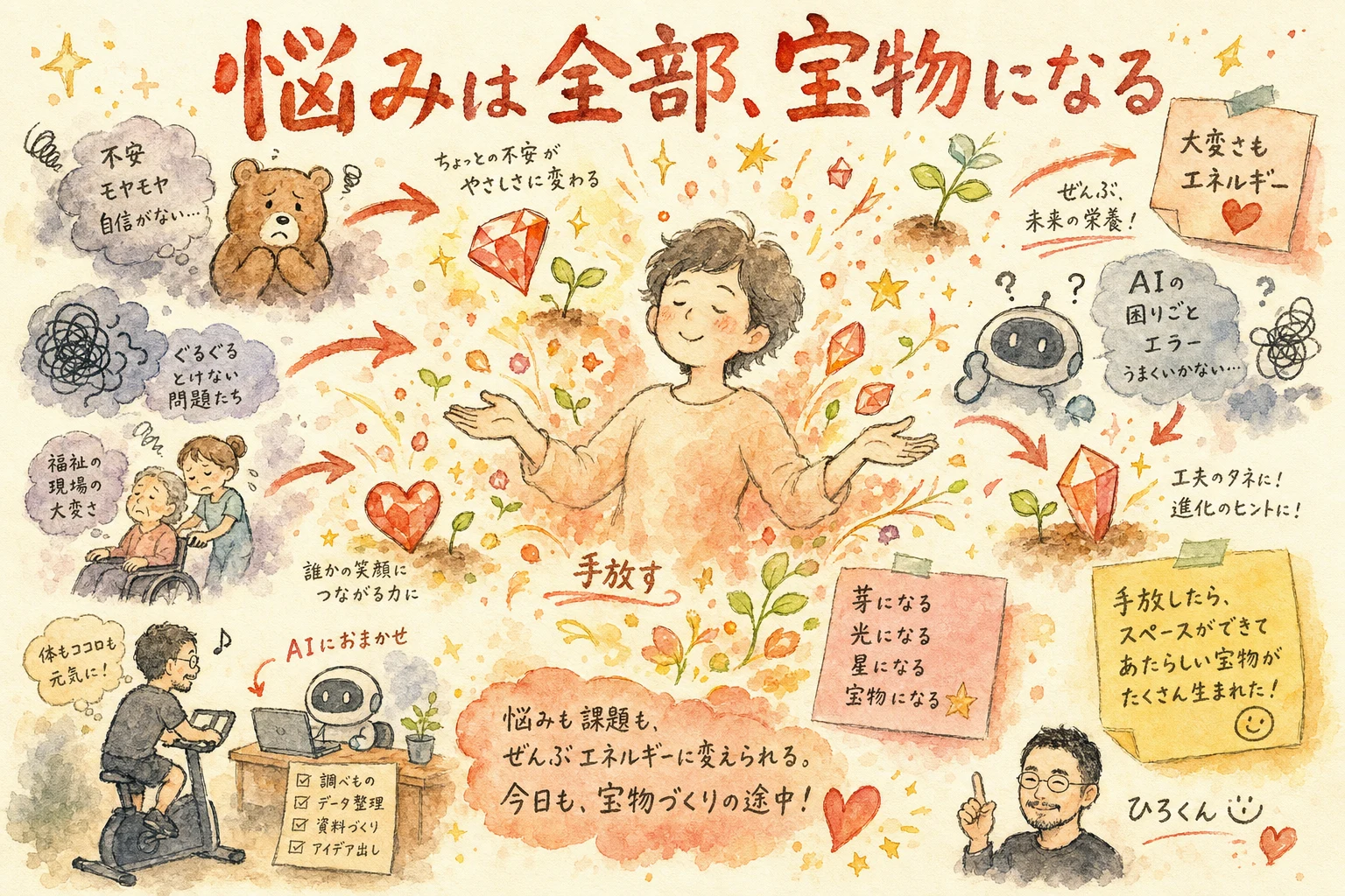 悩みや課題を宝物に変える、ひろくんと高崎さんのコラム図解