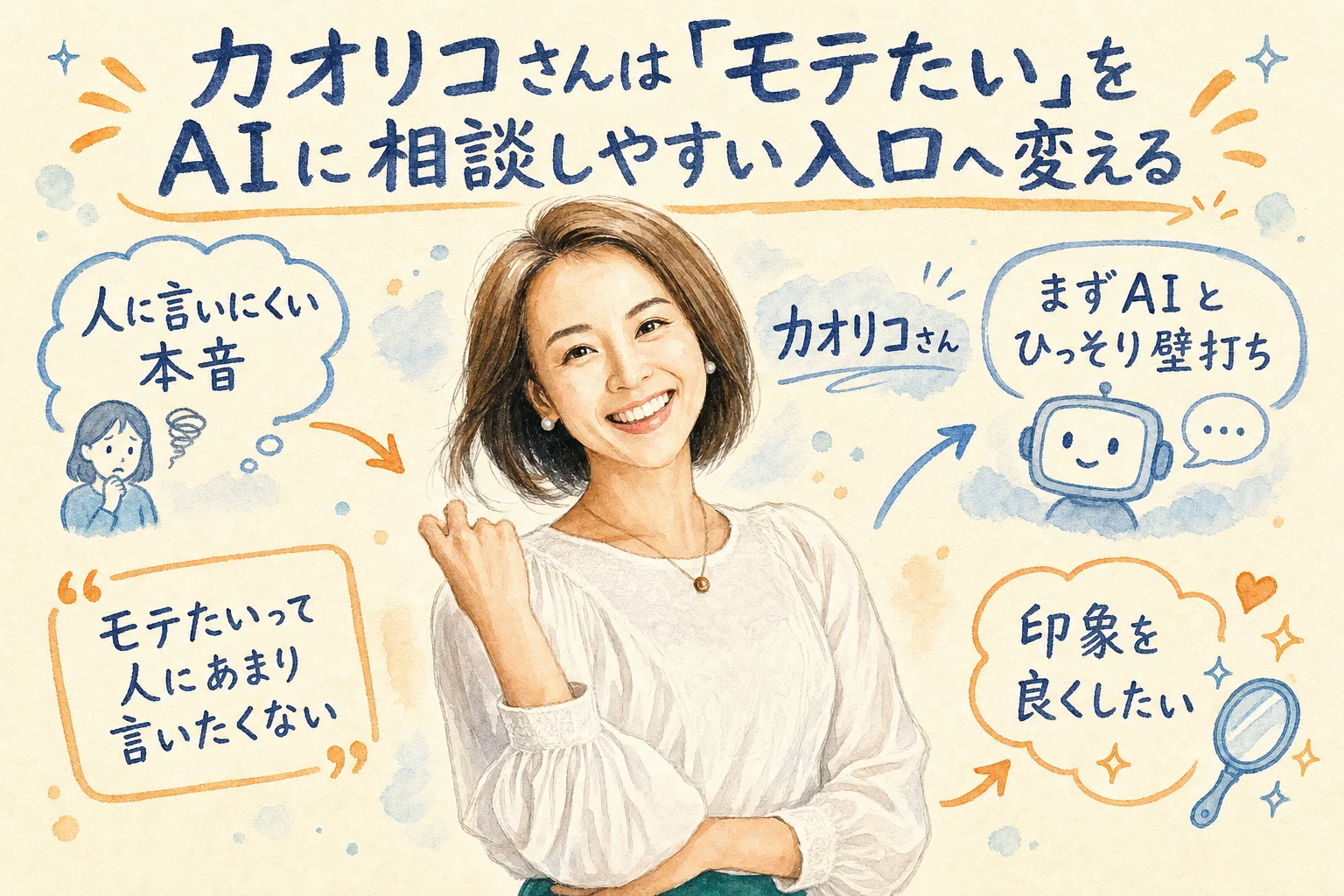 カオリコさんは「モテたい」をAIに相談しやすい入口へ変える（カオリコさん入りグラレコ図解）
