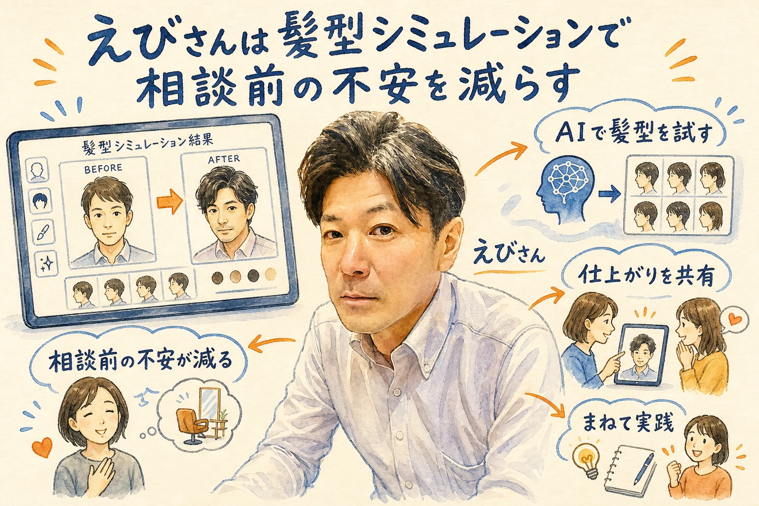 えびさんは髪型シミュレーションで相談前の不安を減らす（えびさん入りグラレコ図解）