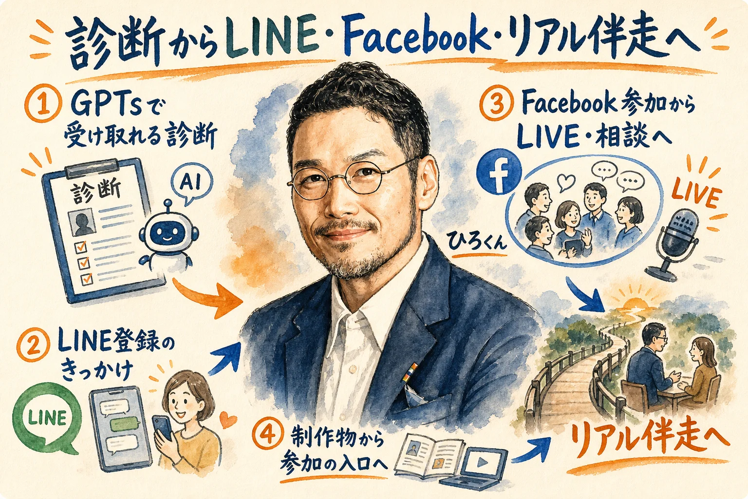 ひろくんは診断からLINE・Facebook・リアル伴走へ道をつなげる（ひろくん入りグラレコ図解）