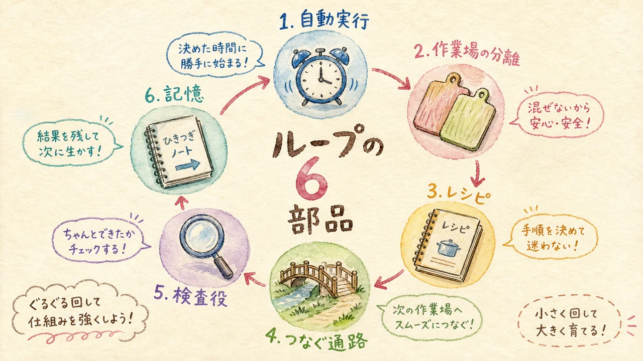 ループの6部品——自動実行・作業場の分離・レシピ・つなぐ通路・検査役・記憶