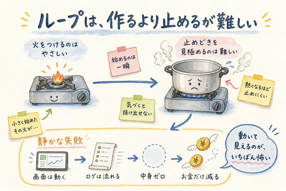 静かな失敗——動いて見えるのに前に進んでいないループの図解