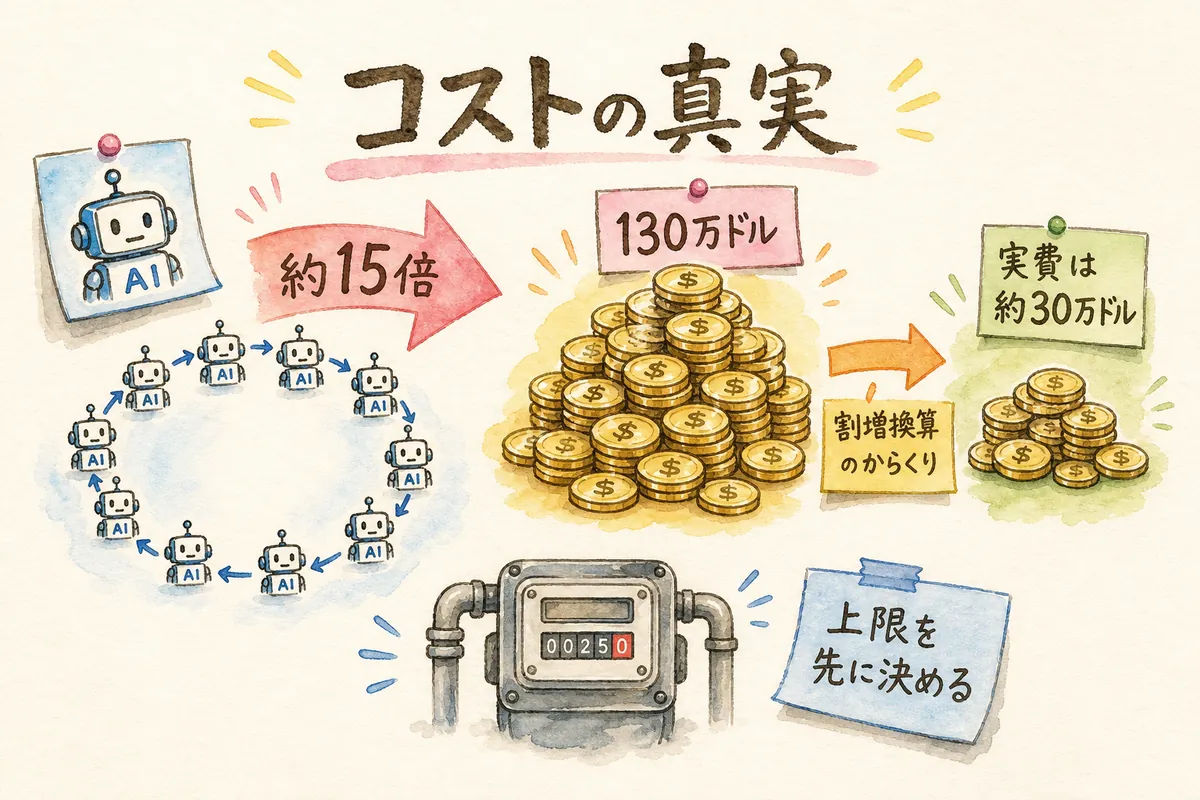 マルチエージェントのコスト構造と130万ドル報道のからくりの図解