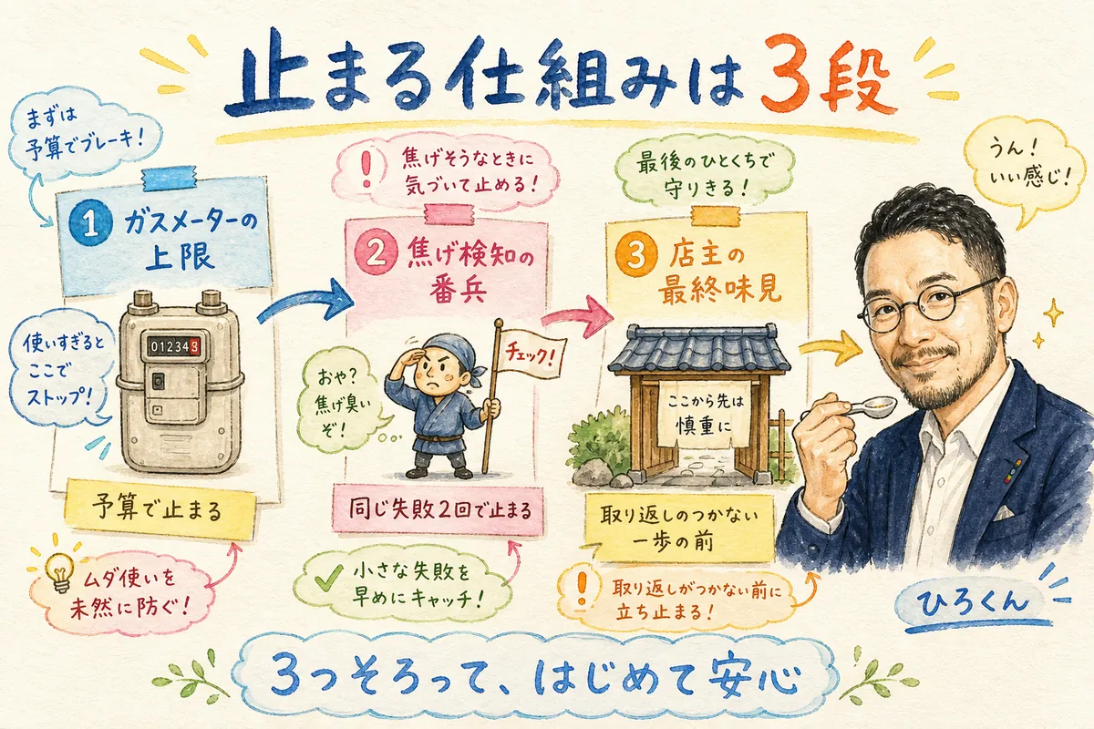 止まる仕組み3段（予算上限・番兵・人間の承認ゲート）の図解